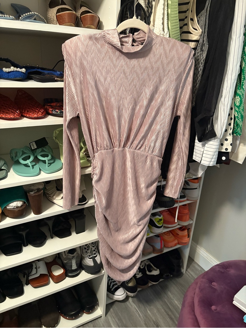 Boohoo Women's Blush Pink Champagne Ruched Long Sleeve Mini Dress